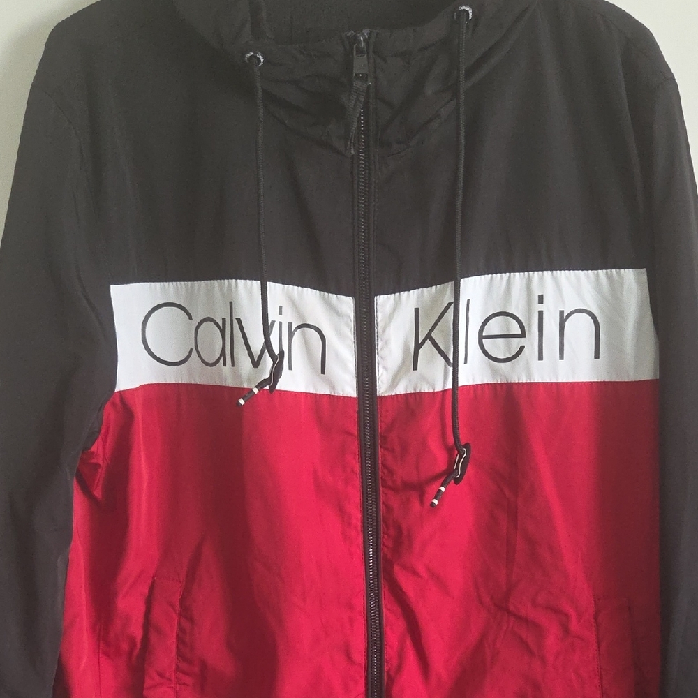 Calvin Klein Black, White & Red Colorblock Hooded Windbreaker